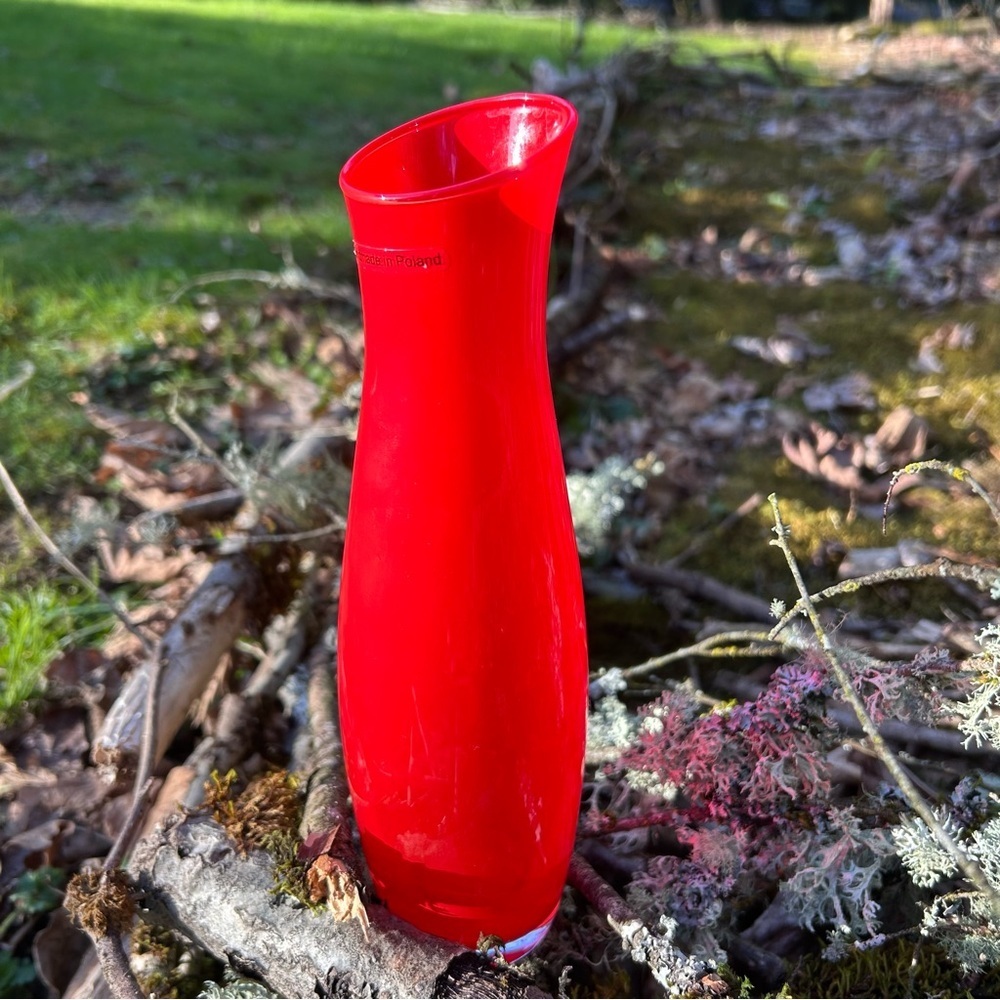 Slender Red Glass Vase Made in Poland 10" inch Tall Translucent Glass Drop Rim